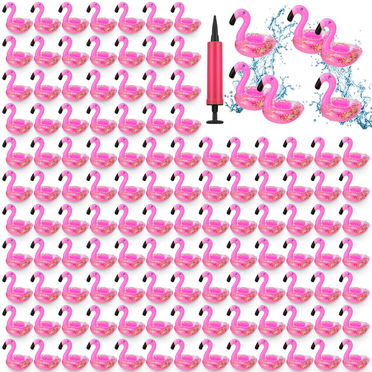 Meanplan flamingo drink holder floats with beverages in pool for carefree fun.