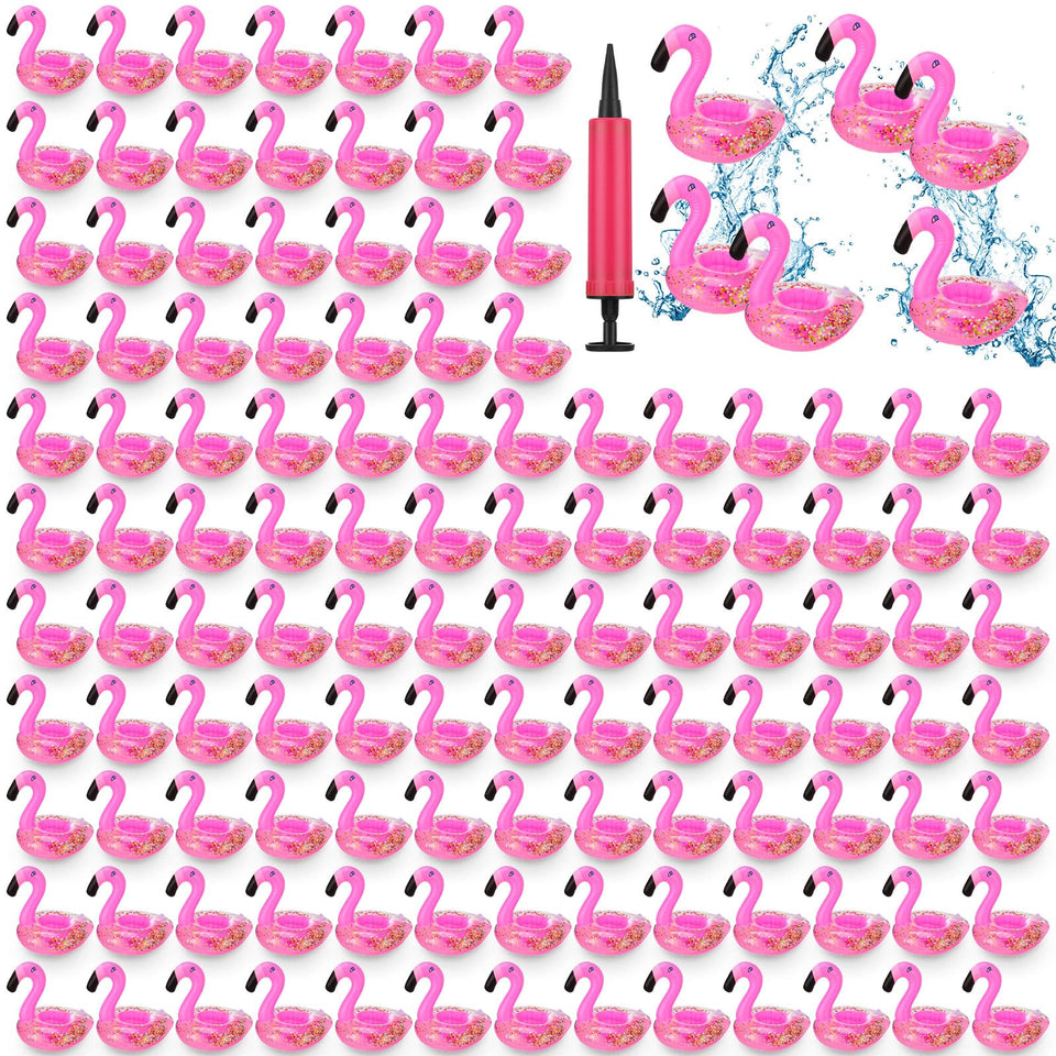 Meanplan flamingo drink holder floats with beverages in pool for carefree fun.