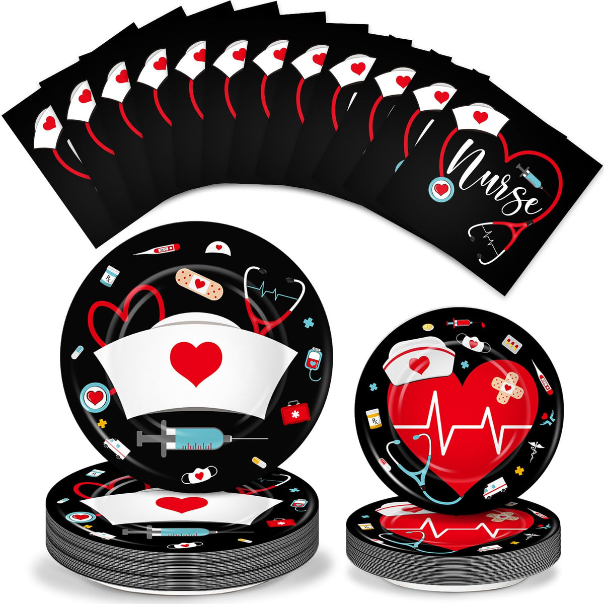 Meanplan nurse plates 9-inch shown in black-red-white for graduation dining.
