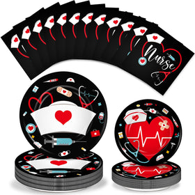 Meanplan nurse plates 9-inch shown in black-red-white for graduation dining.