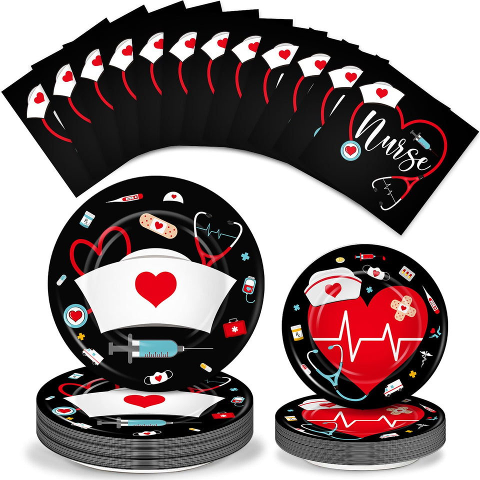 Meanplan nurse plates 9-inch shown in black-red-white for graduation dining.