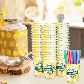 Meanplan lemonade stand supplies pack shown as complete party kit.