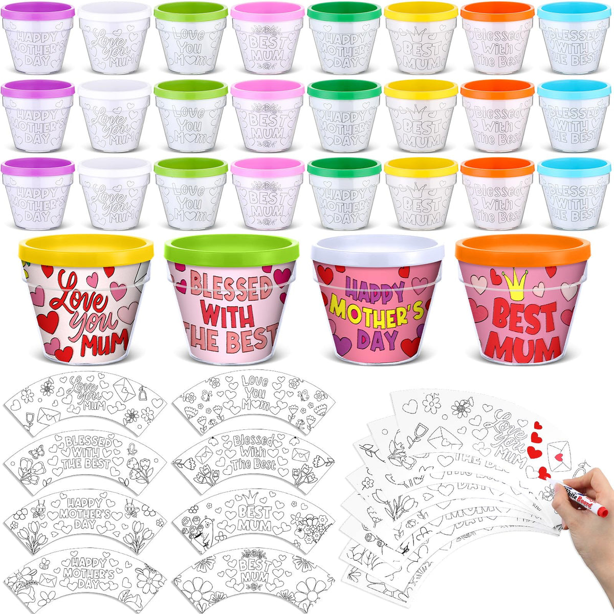 Meanplan Mother's Day DIY flower pots, 24-pack, ready for coloring and gifting.