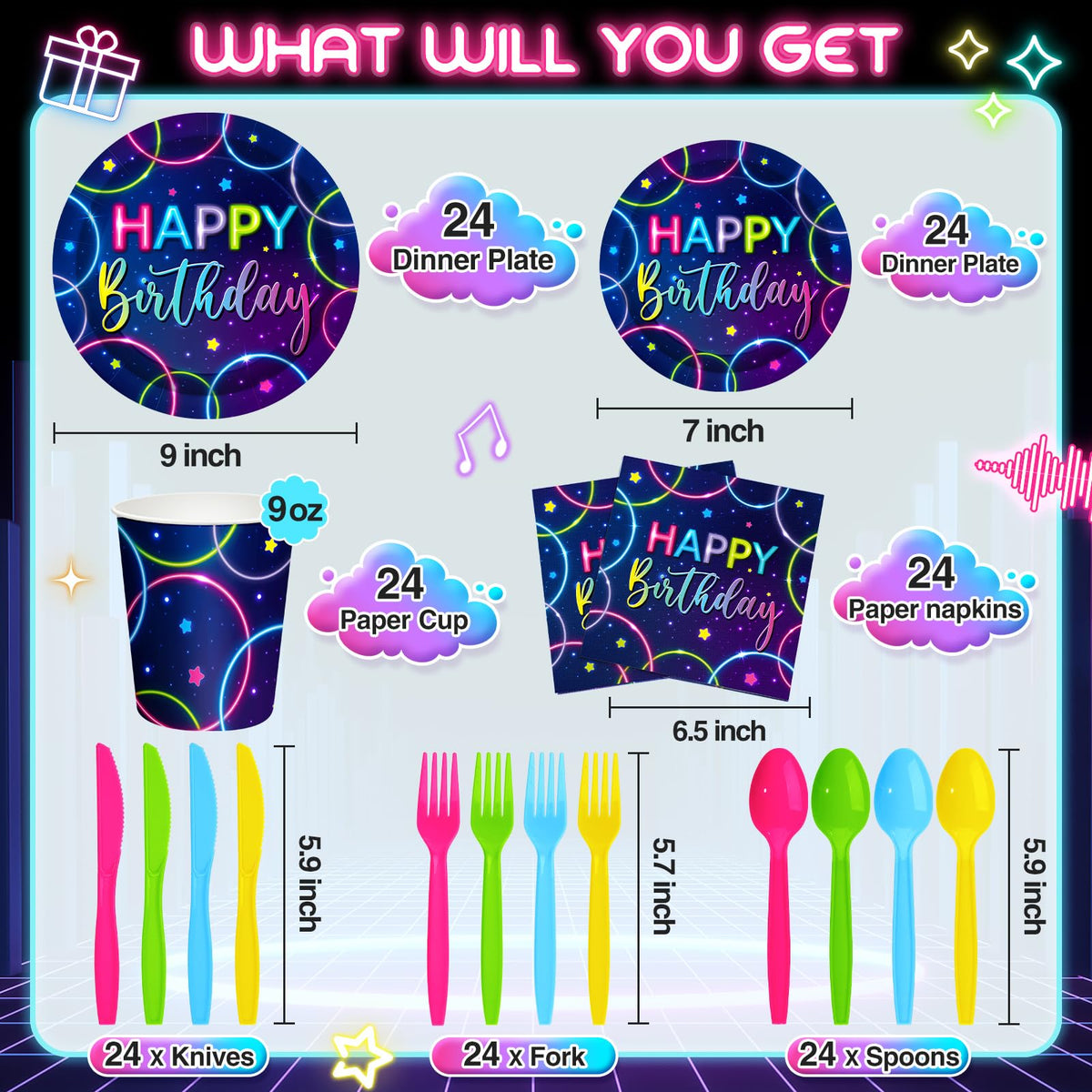 Meanplan neon birthday dessert plates showcase colorful treats for a playful celebration