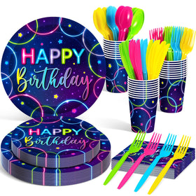 Meanplan neon birthday dinner plates brighten the table for a vibrant 24-guest party