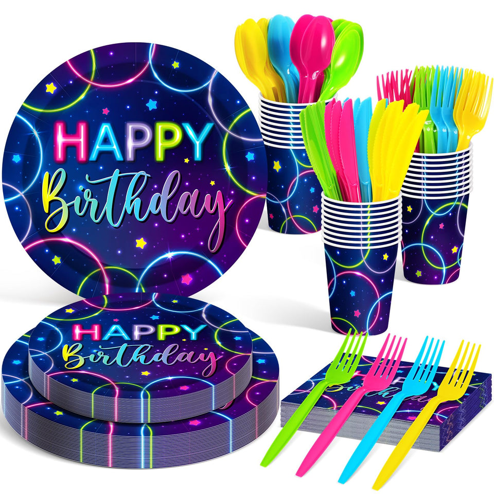 Meanplan neon birthday dinner plates brighten the table for a vibrant 24-guest party