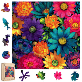 MEATRN multicolor chrysanthemum puzzle pieces come together into a vibrant floral scene for mindful focus.