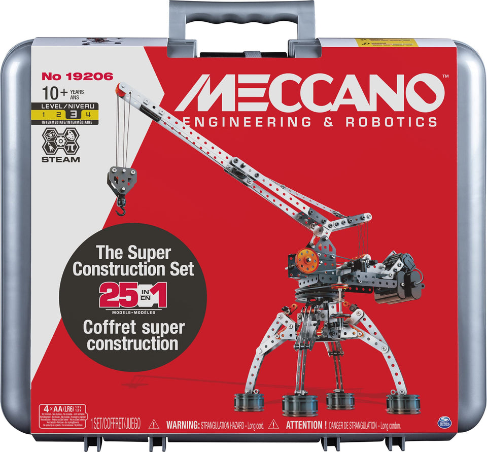 Meccano Super Construction 25-in-1 motorized crane model for hands-on engineering
