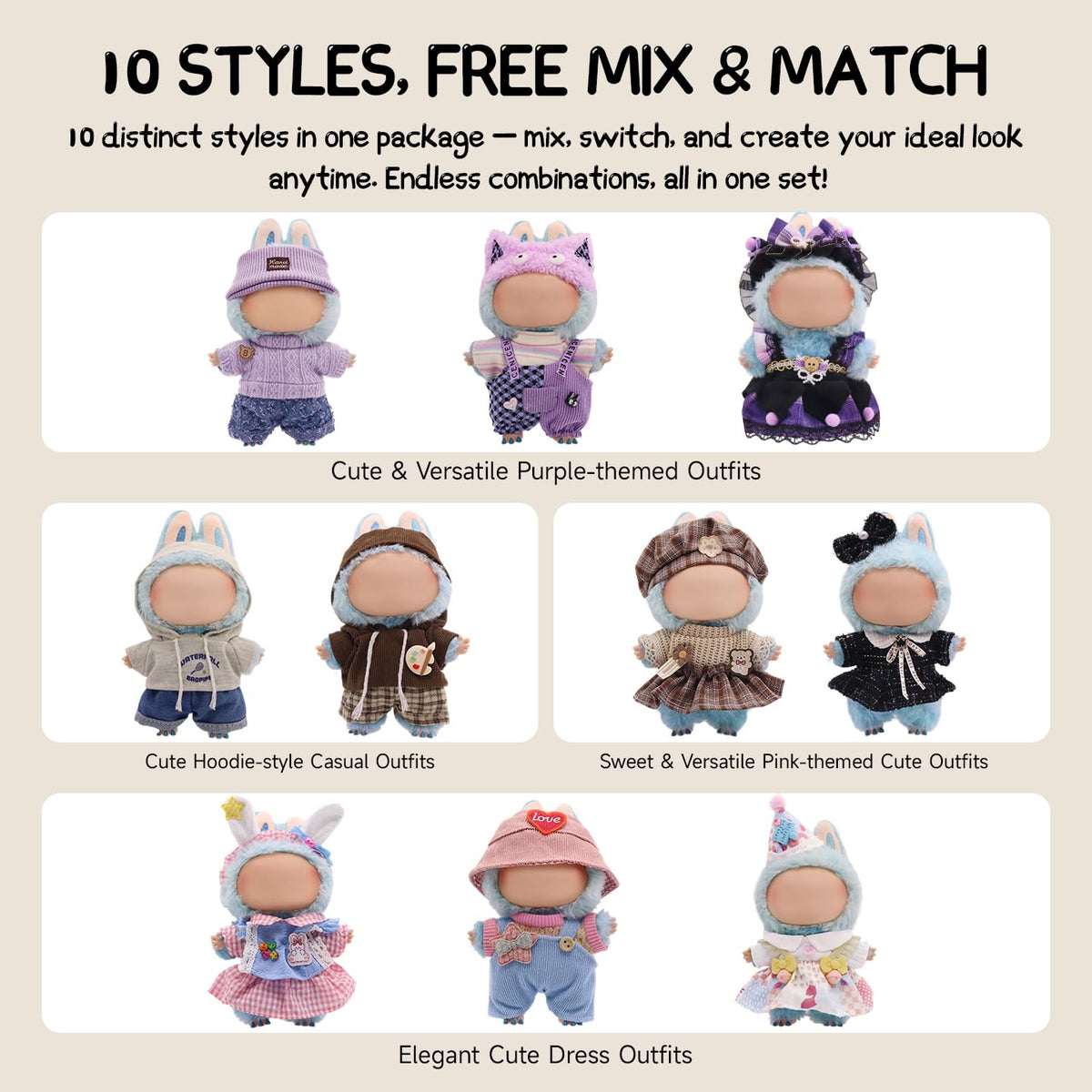 MechField Labubu glasses and shoes accessory set for stylish, pose-friendly 15–17 cm dolls.