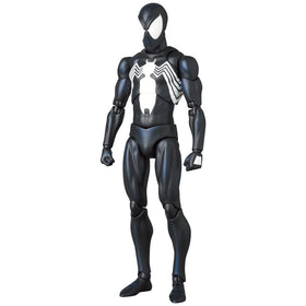 Medicom MAFEX Spider-Man Black Costume side view showcasing sleek silhouette and display options.