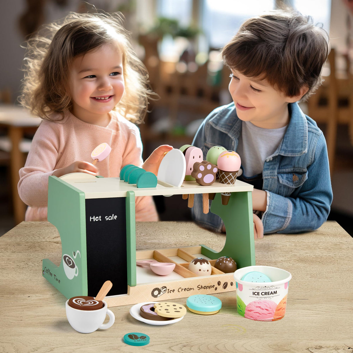 Medoga coffee cup and ice cream spoons complete a full pretend shop scene.