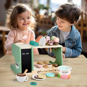 Medoga coffee cup and ice cream spoons complete a full pretend shop scene.