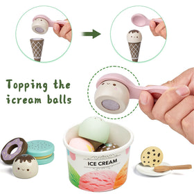 Medoga ice cream scoops, toppings, and cones arranged for mix-and-match flavor ideas.