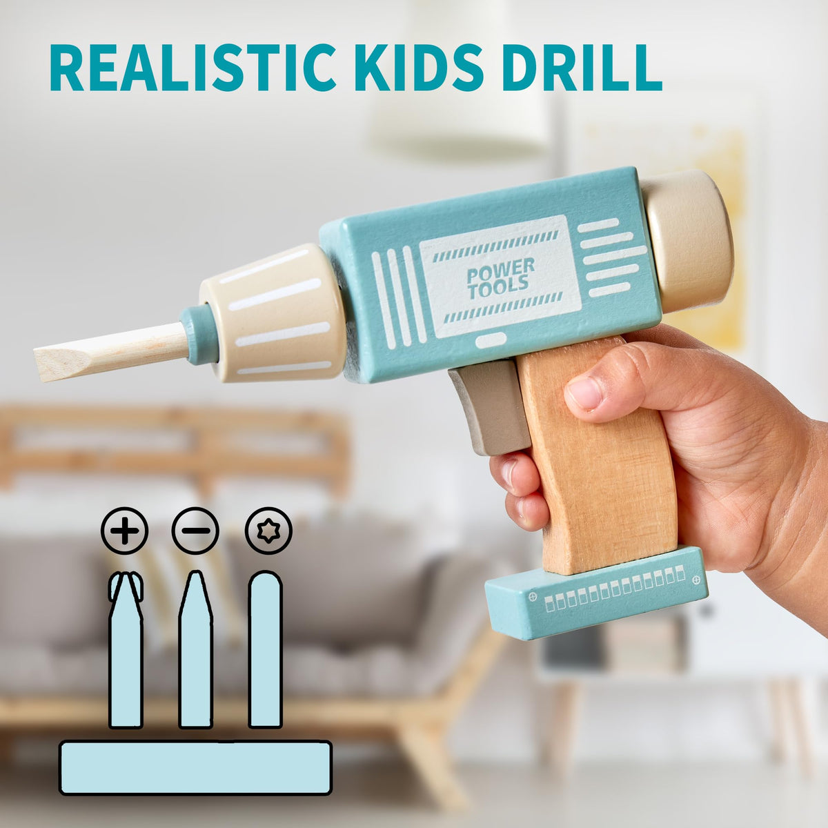 Medoga tool belt and toy drill setup for realistic pretend play and organization.