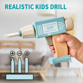 Medoga tool belt and toy drill setup for realistic pretend play and organization.