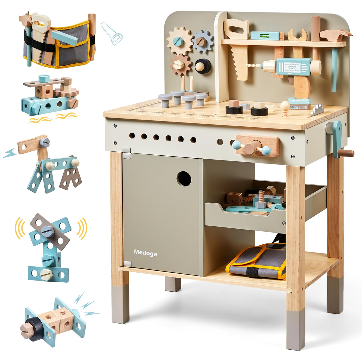 Medoga kids tool bench wooden workbench enhances creative play and fine motor skills.