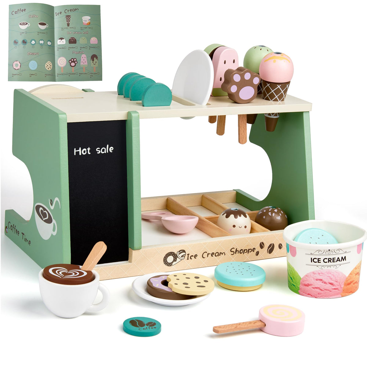 Medoga wooden coffee maker toy with push-filter action for interactive coffee play.