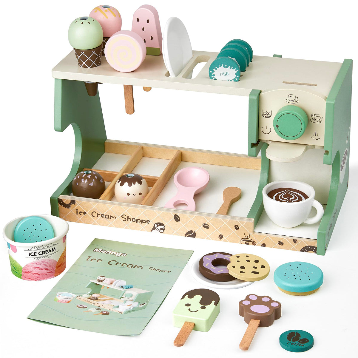 Medoga wooden ice cream counter 3-in-1 for imaginative pretend play in a colorful setting.