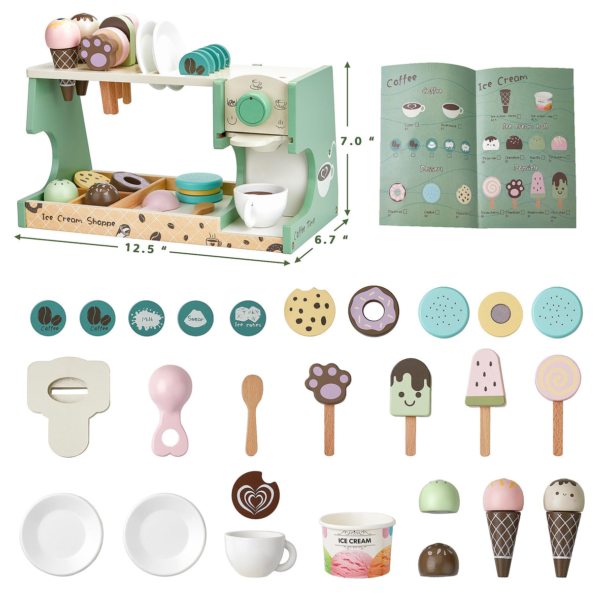 Medoga wooden plates, cookies, and milk accessories add realistic dining visuals.
