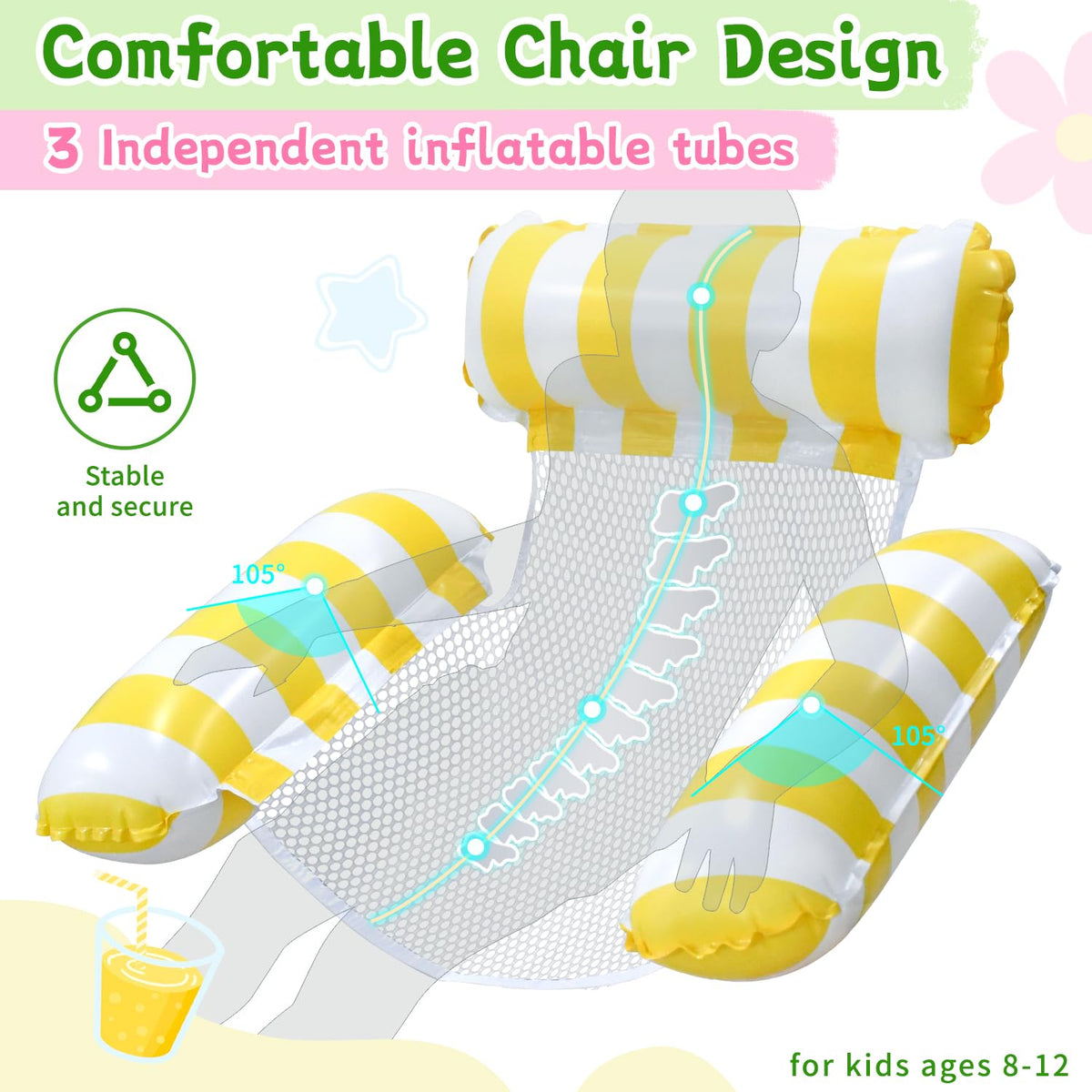 Meegoo inflatable pool chair close-up highlighting roomy dimensions.