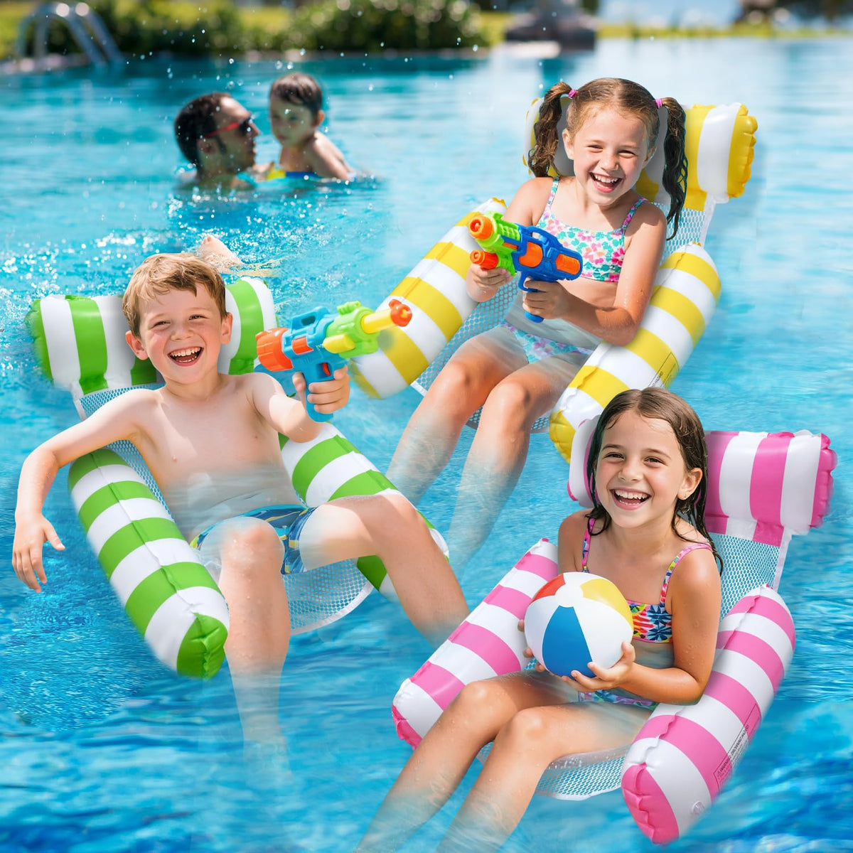 Meegoo kids using water hammock for safe, relaxed lounging.