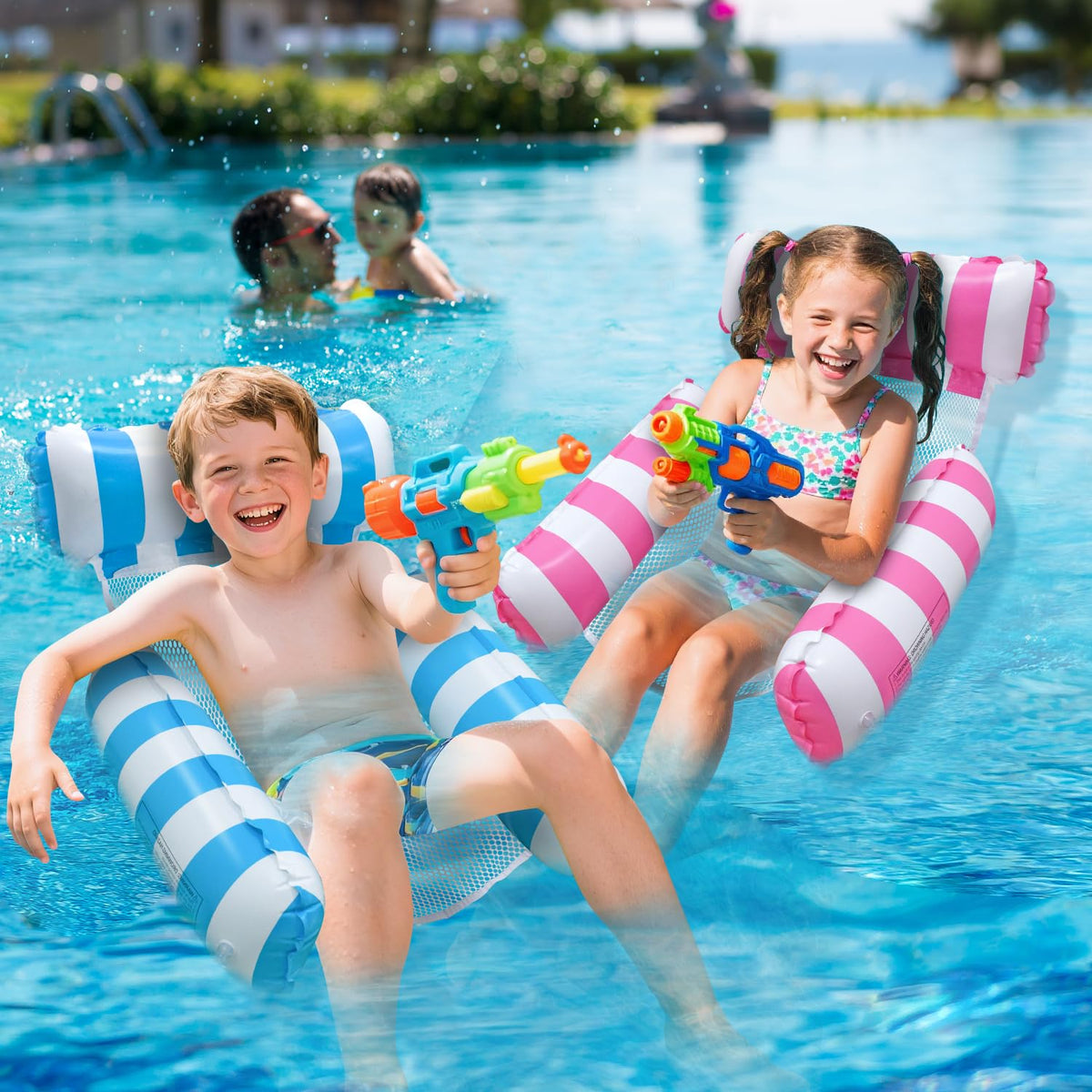 Beach or lake use with blue Meegoo float, ideal for vacation decor and play.