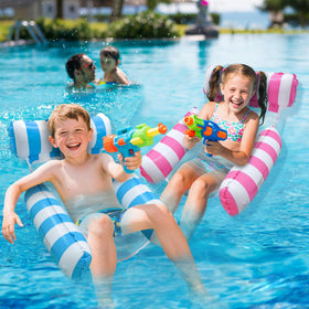 Beach or lake use with blue Meegoo float, ideal for vacation decor and play.