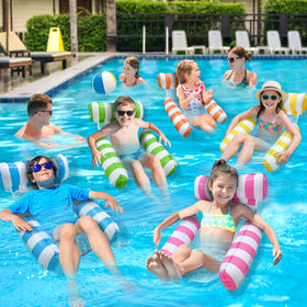 Meegoo storage-friendly pool floats shown deflated for compact packing.