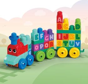 Mega Bloks 60-piece train set close-up shows oversized toddler blocks.