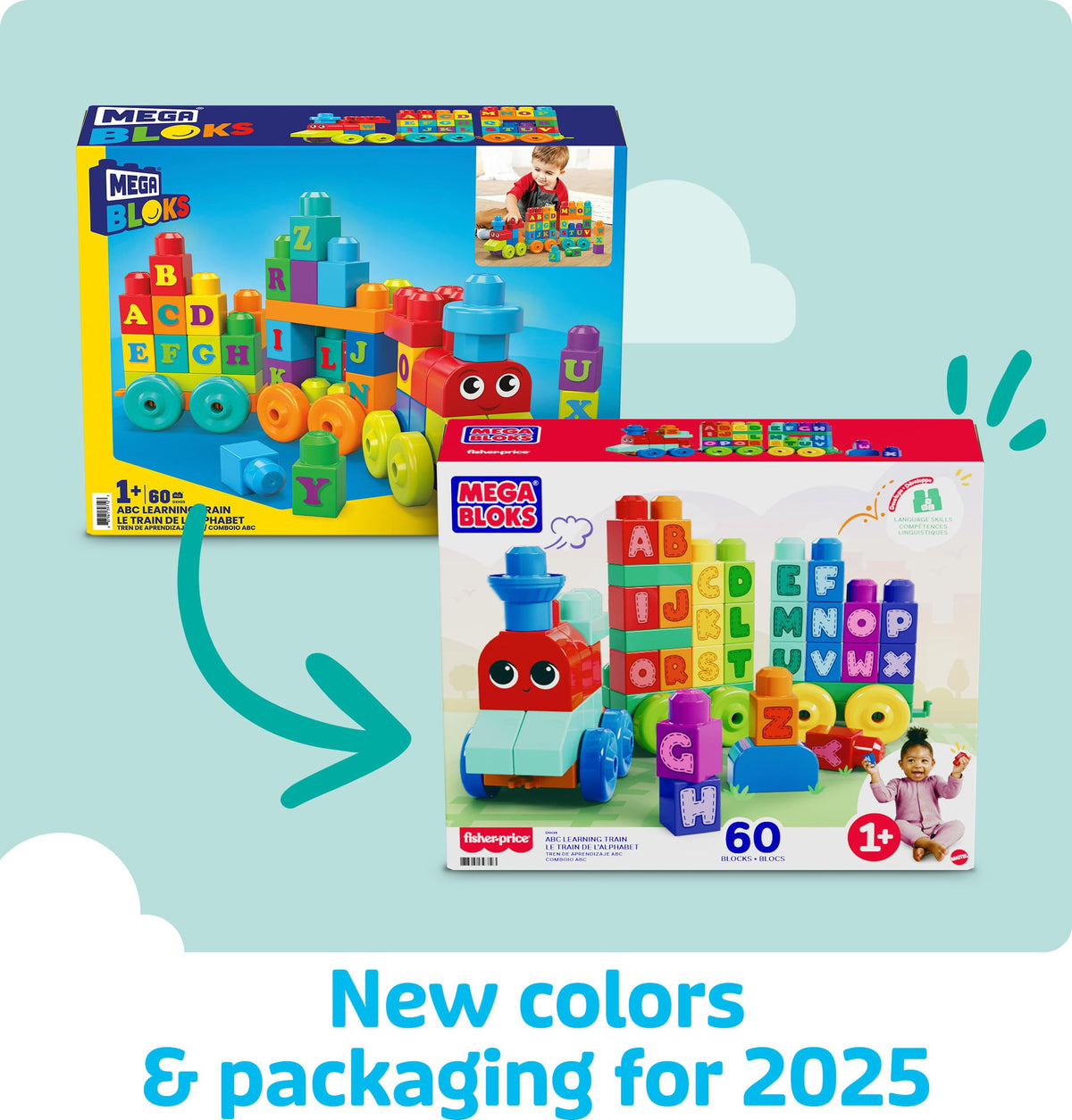 Mega Bloks ABC blocks feature letters from A to Z for early learning.