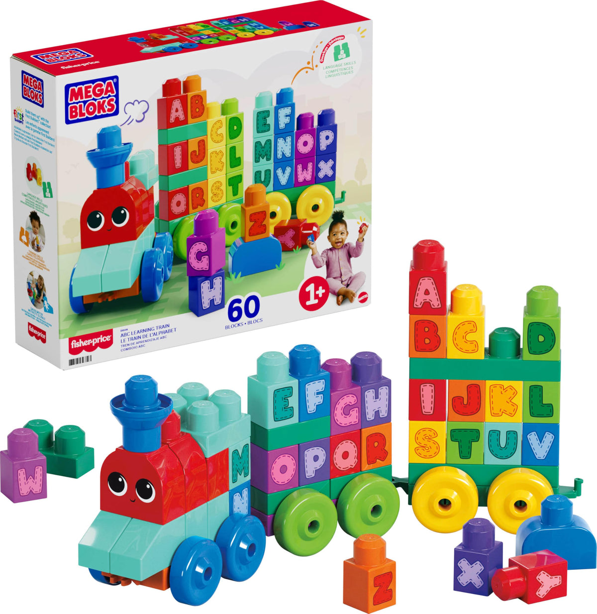 Mega Bloks First Builders ABC Train front view promoting alphabet exploration.