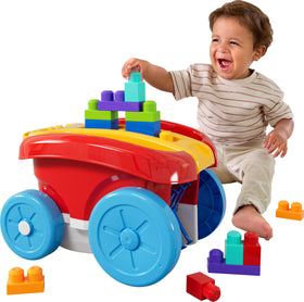Mega Bloks First Builders Block Scooping Wagon front view with built-in storage for easy cleanup.