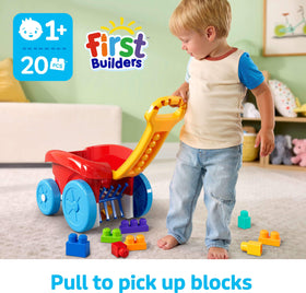 Mega Bloks Block Scooping Wagon side view as a toddler pulls it, promoting movement skills.