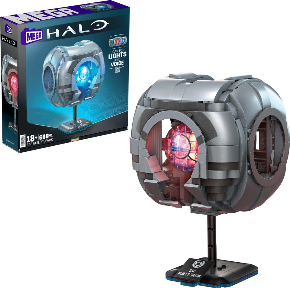 Mega Bloks Halo 343 Guilty Spark eye light activates dynamic effects.