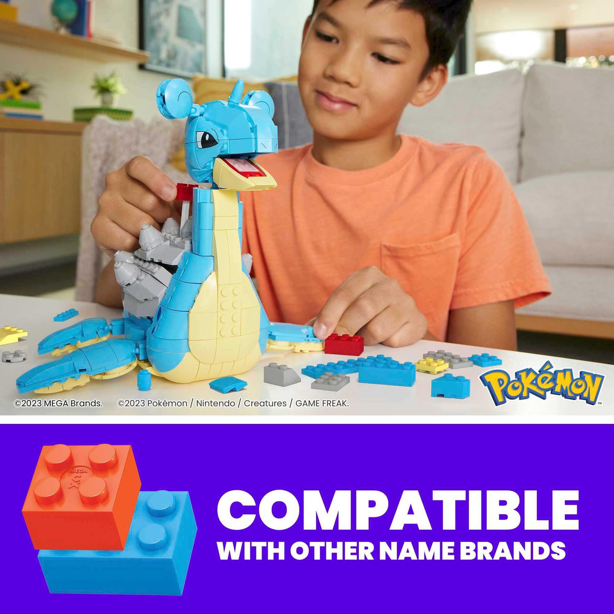 Mega Bloks Pokémon Lapras 7-inch tall build stands for display and play