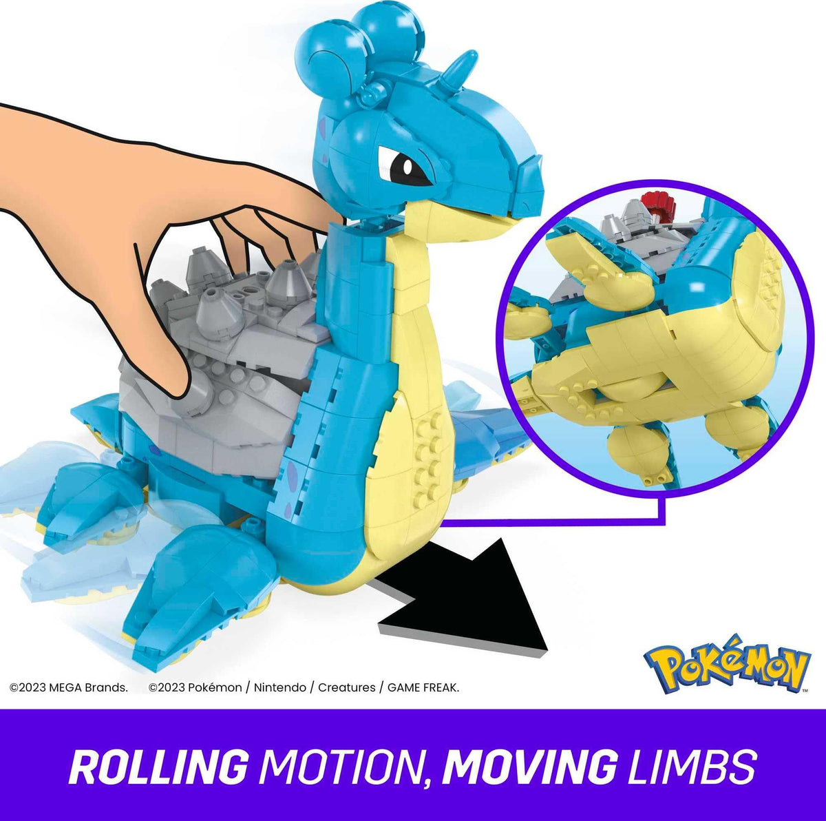 Mega Bloks Pokémon Lapras shell crank activates motion for engaging action
