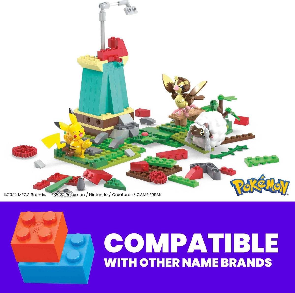 Mega Bloks Pokemon Pidgey figure beside windmill, promoting creative play and world-building.