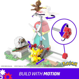 Mega Bloks Pokemon Pikachu figure in motion windmill scene, encouraging storytelling and exploration.