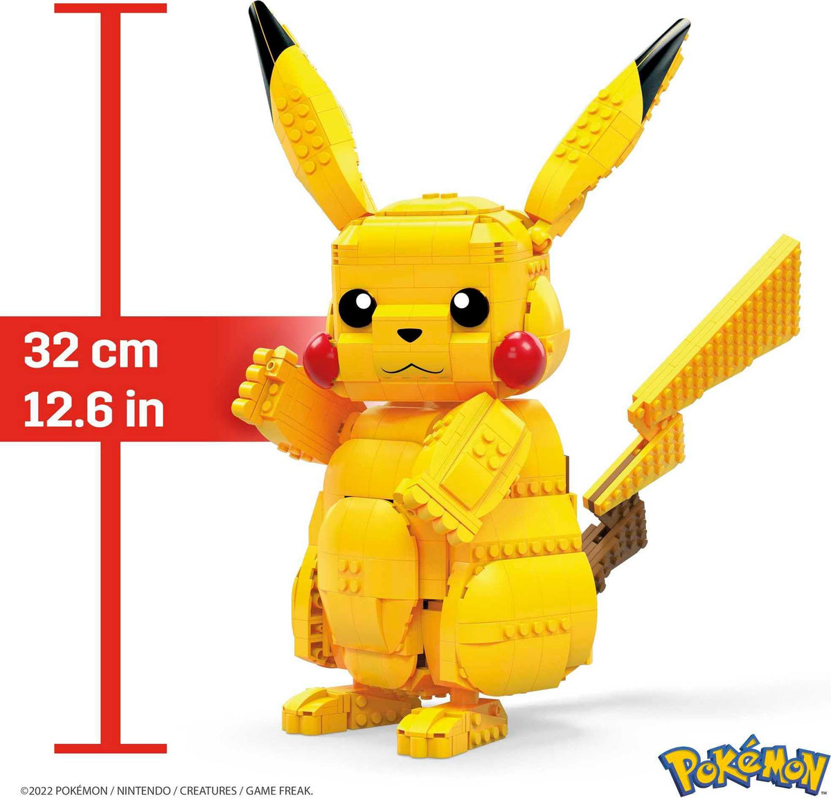 Mega Bloks Pikachu tail bolt detail enhances recognizable Pokémon styling.