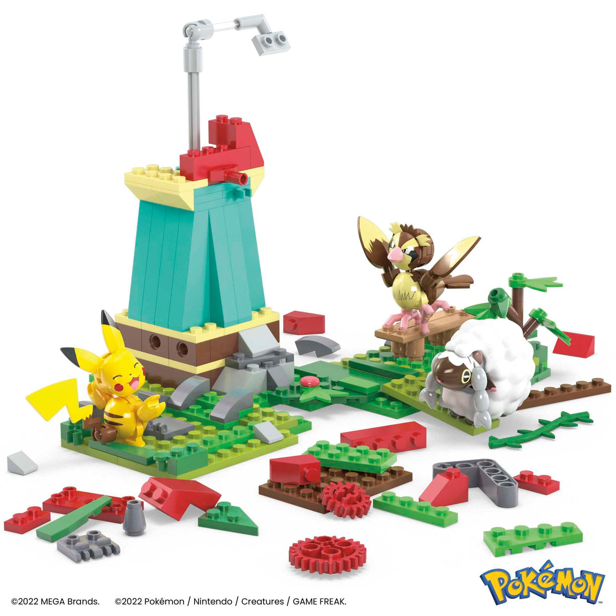 Mega Bloks Pokemon Wooloo figure in countryside layout, fueling imaginative adventures.