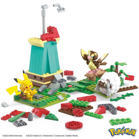 Mega Bloks Pokemon Wooloo figure in countryside layout, fueling imaginative adventures.