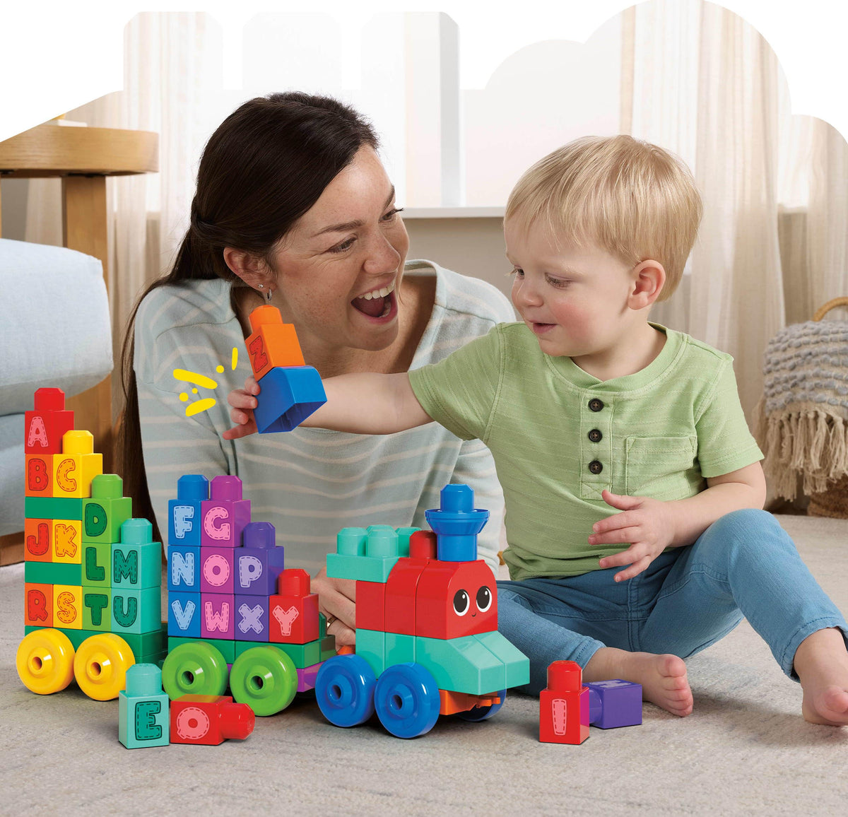 Mega Bloks rolling wheelbases in action support sequence play.
