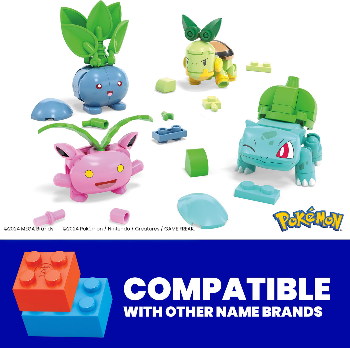 Bulbasaur figure from Mega Brands Grass-Type set, ready for poseable display and imaginative battles