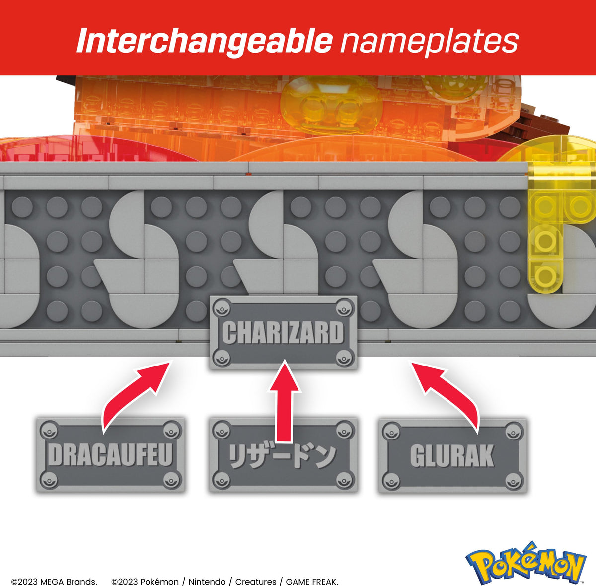 Mega Brands Charizard display stand with lava-detail accents for impactful showcase