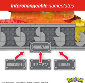 Mega Brands Charizard display stand with lava-detail accents for impactful showcase