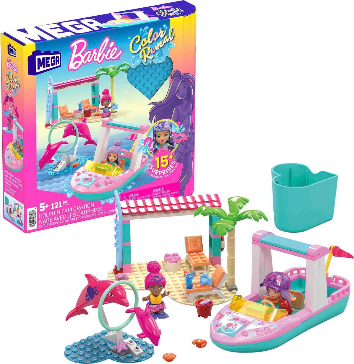 Mega Barbie Color Reveal Dolphin Exploration set shown in full playset for imaginative adventures.