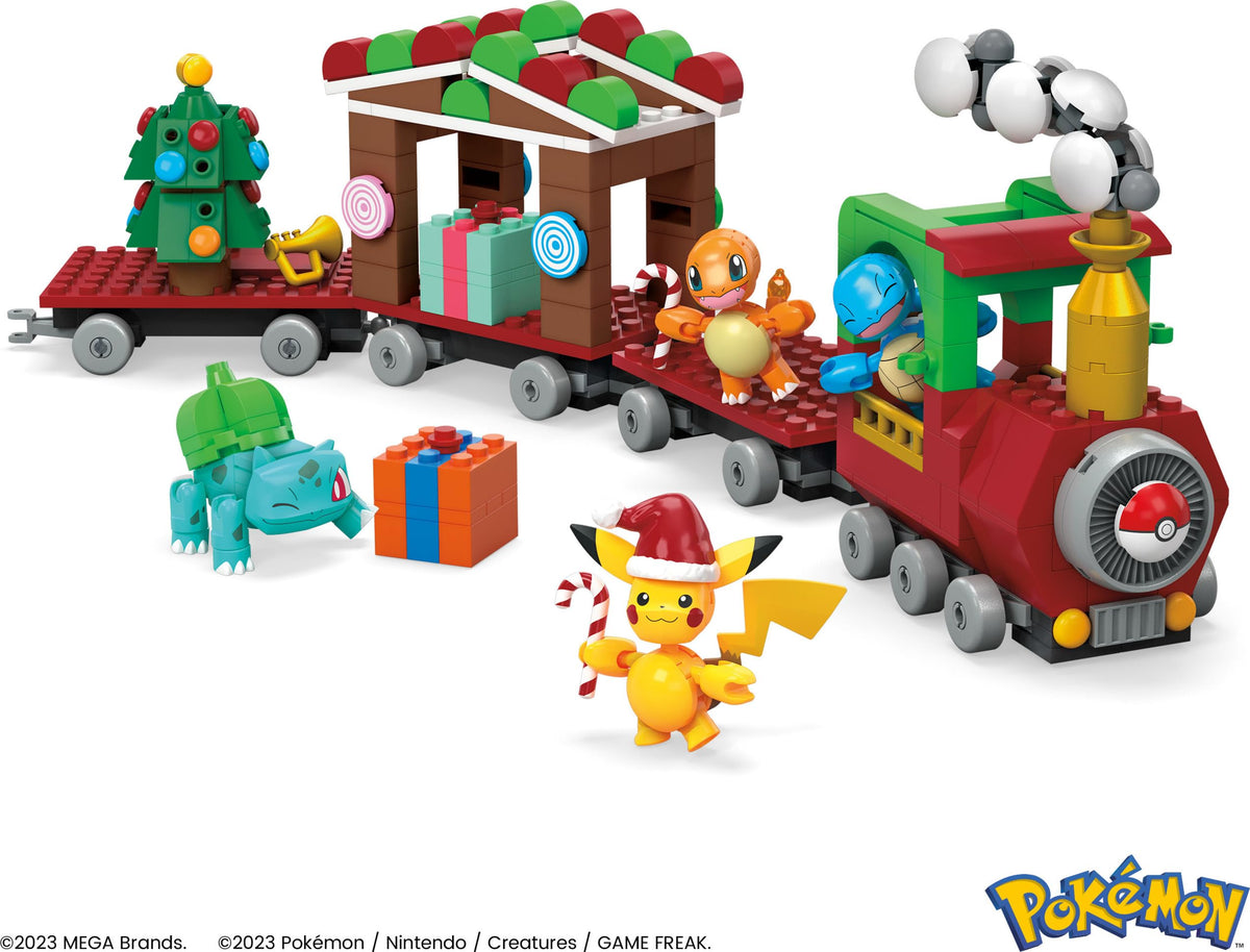 Mega Brands Holiday Train packaging shows bags and build steps for weekly unboxing
