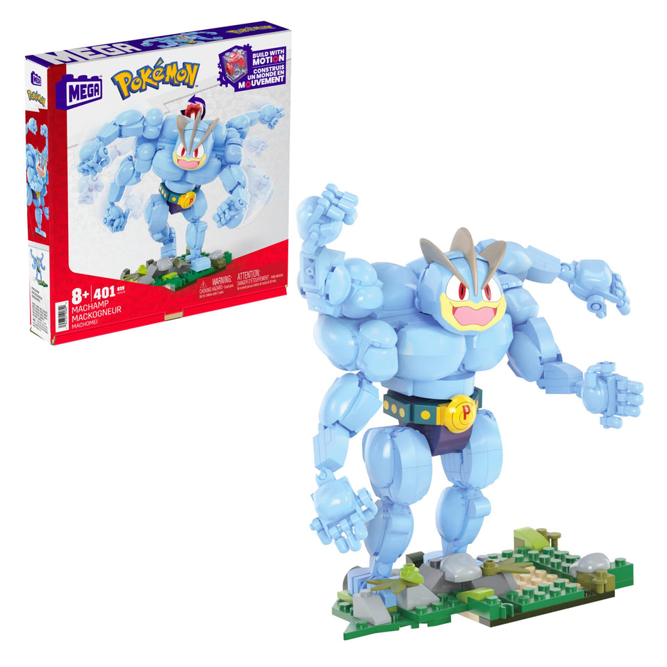 Mega Brands Machamp motion crank activates punching action for dynamic play.