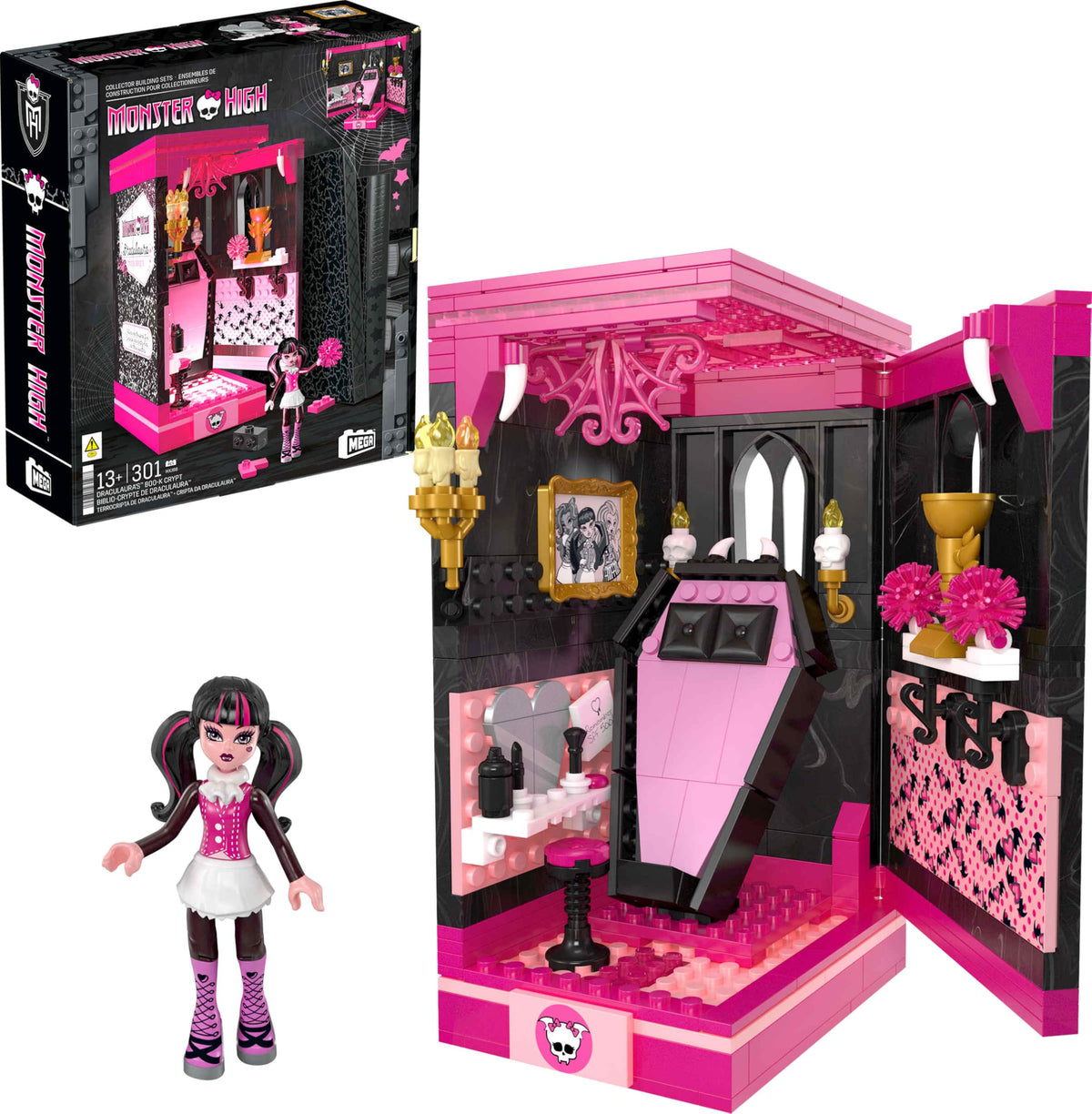 Mega Brands Draculaura Boo-k Crypt open diorama for collectors.