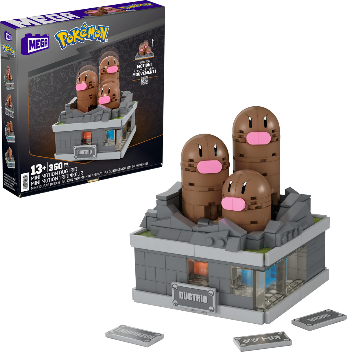 Five-inch Mega Brands Mega Pokémon Mini Motion Dugtrio pose with dynamic pop-up action for desk display.